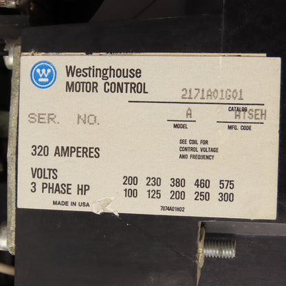 Westinghouse 2171A01G01 3-Phase Motor Control Starter 320A 600V Max BA13JPX