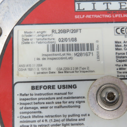 Miller RL20BP/20FT MightyLite 20' Self-Retracting Lifeline 310Lbs Capacity