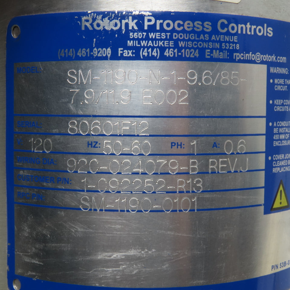 Rotork SM-1190-0101 Electric Actuator 120V 1Ph 0.6A 3/8" Shaft