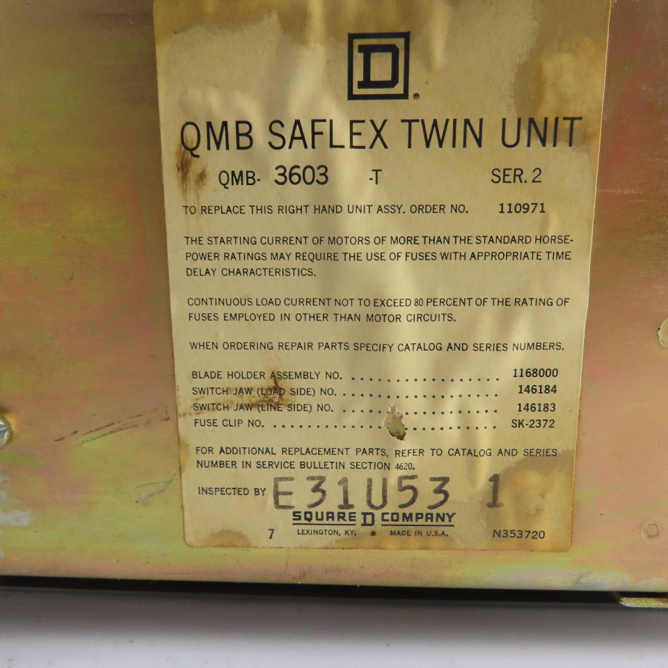 Square D QMB3603T 30A 3-Pole QMB Saflex Twin Safety Disconnect Switch 600VAC