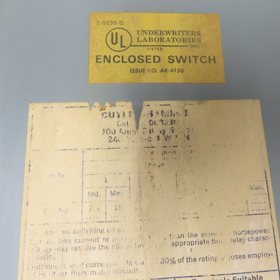 Cutler-Hammer DL323* 100A 3-Pole 240VAC Safety Disconnect Switch