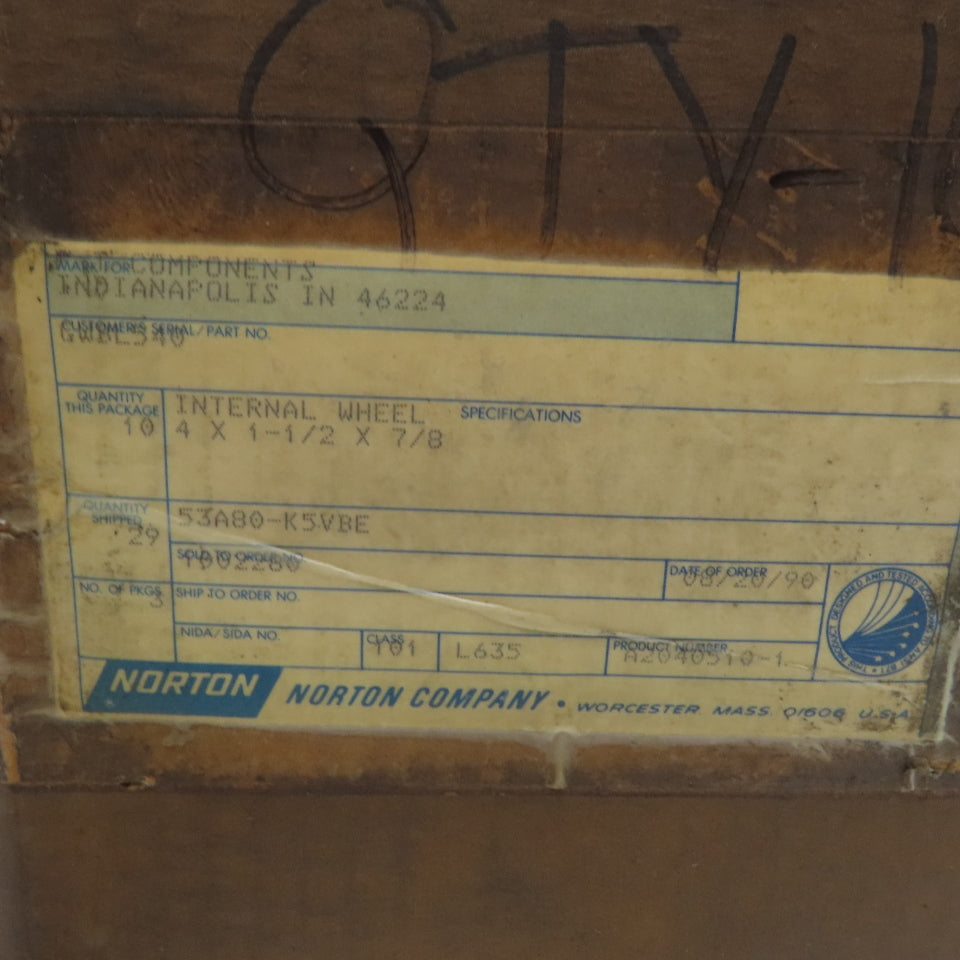 Norton 53A80-K5VBE Internal Grinding Wheel 4" x 1-1/2" x 7/8" 8120 RPM Lot Of 10