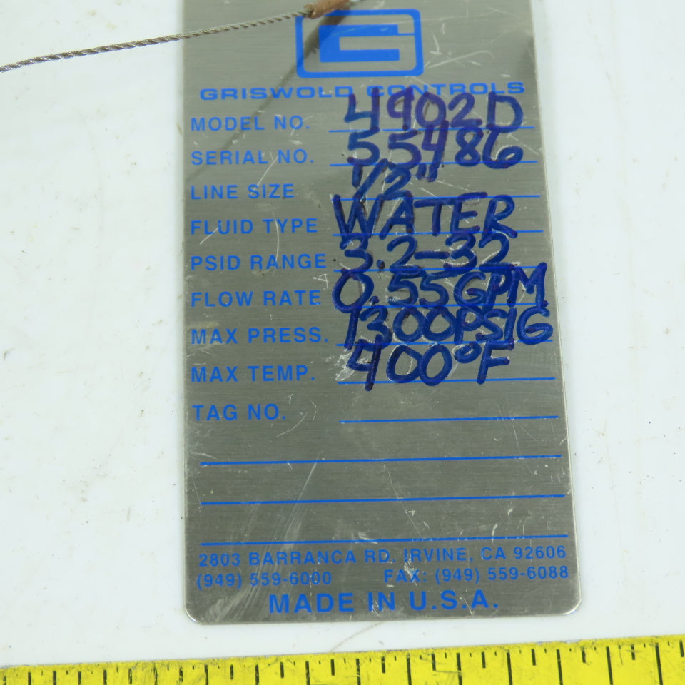 Griswold Controls 4902D Isolating Flow Control Valve 1/2" 0.55 GPM 1300 PSI