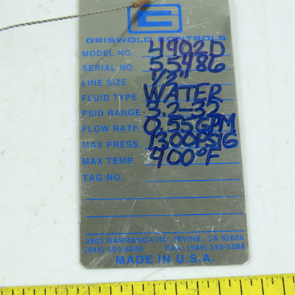Griswold Controls 4902D Isolating Flow Control Valve 1/2" 0.55 GPM 1300 PSI
