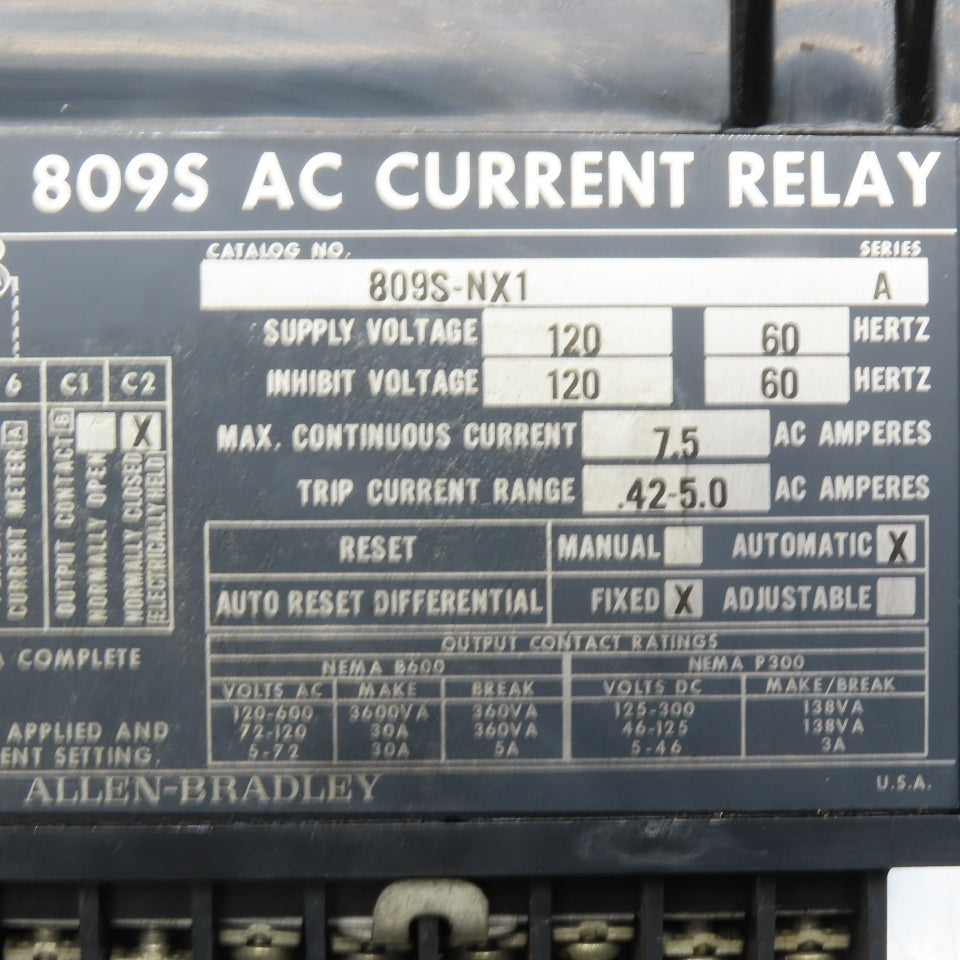 Allen-Bradley 809S-NX1 AC Current Relay 120V 60Hz 4.2-5.0A Trip Range