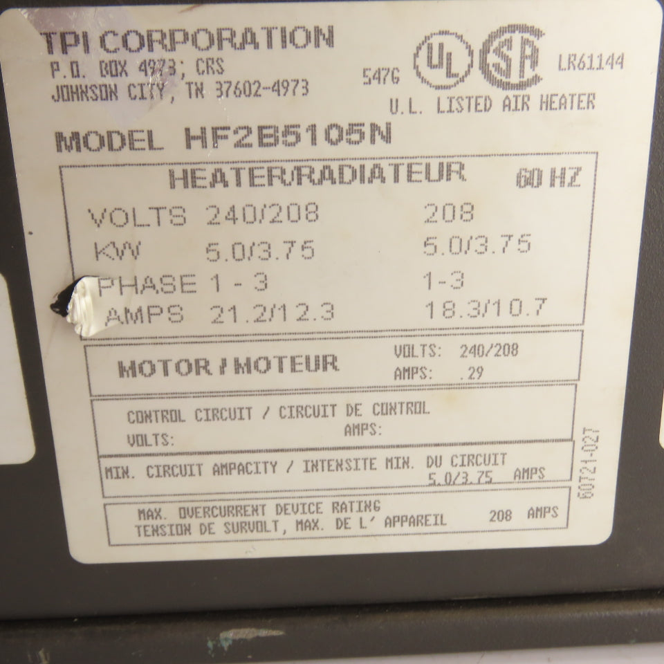 TPI HF2B5105N Taskmaster Electric Unit Heater 5.0/3.75 kW 240/208V 1-3 Ph
