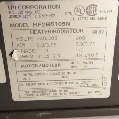 TPI HF2B5105N Taskmaster Electric Unit Heater 5.0/3.75 kW 240/208V 1-3 Ph