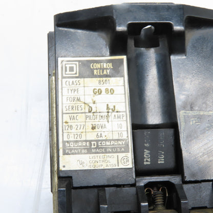 Square D 8501 G0 80 Class 8501 Type GO 80 Control Relay 110/120V 50/60Hz 10A