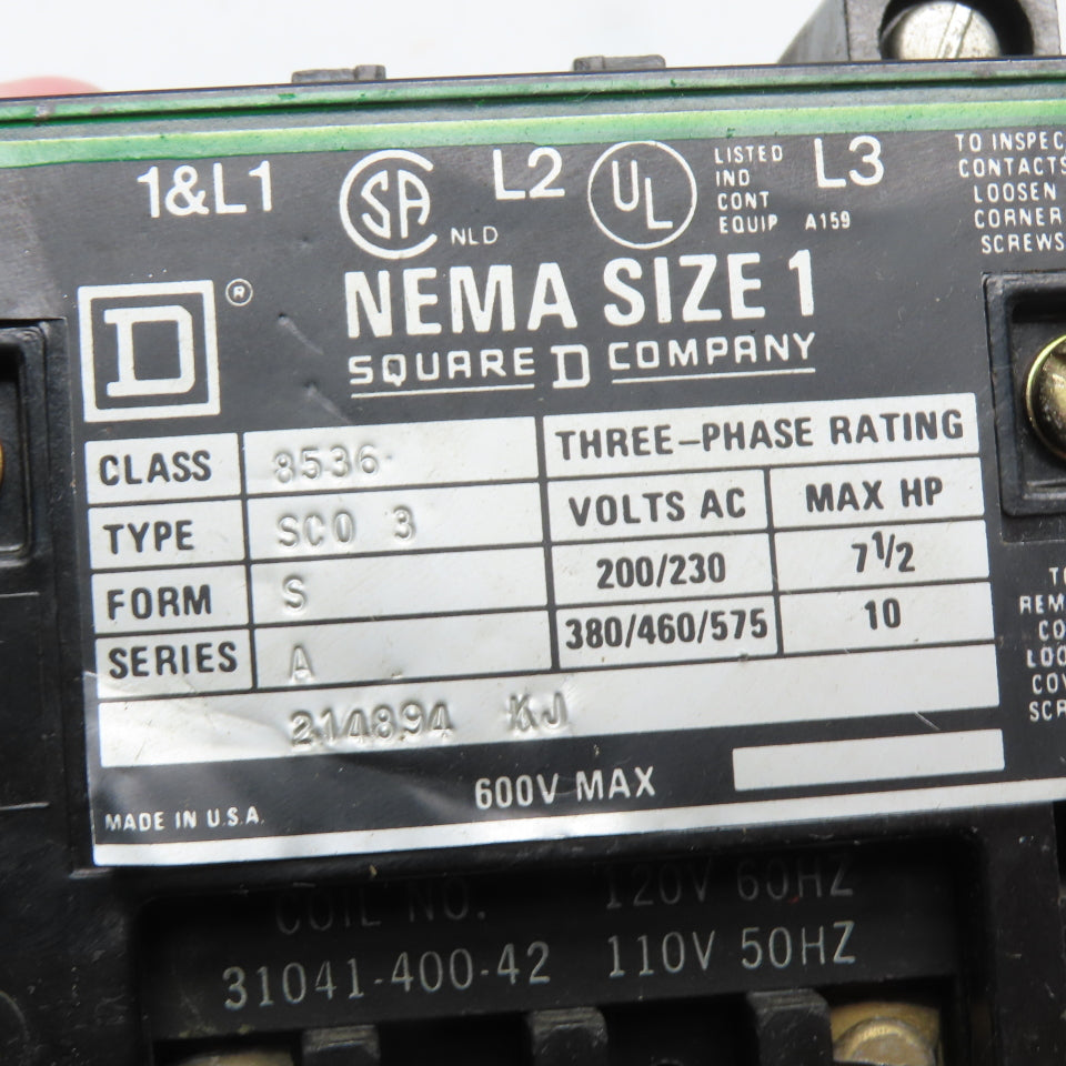 Square D 8536 SCO 3 NEMA Size 1 Magnetic Motor Starter 600V Max 110/120V Coil