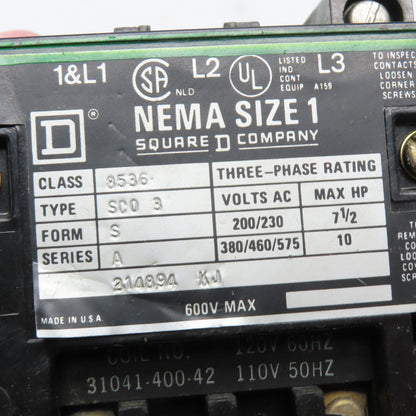 Square D 8536 SCO 3 NEMA Size 1 Magnetic Motor Starter 600V Max 110/120V Coil