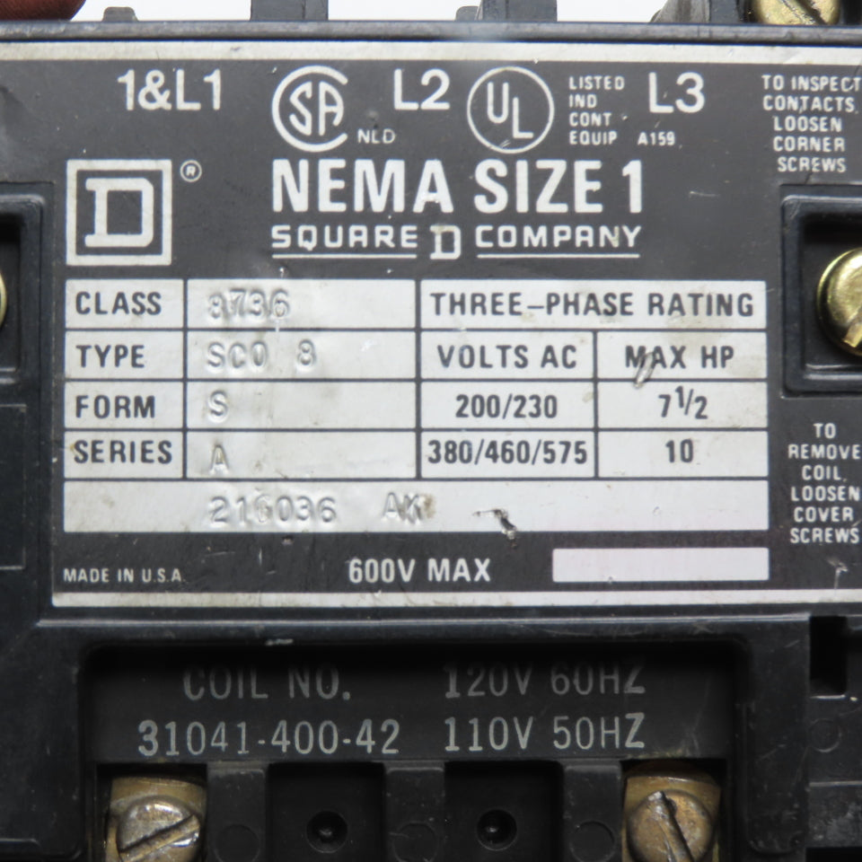 Square D 8736 SCO 8 NEMA Size 1 Magnetic Motor Starter 600V Max 110/120V Coil
