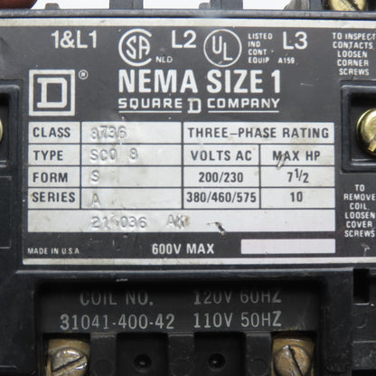 Square D 8736 SCO 8 NEMA Size 1 Magnetic Motor Starter 600V Max 110/120V Coil