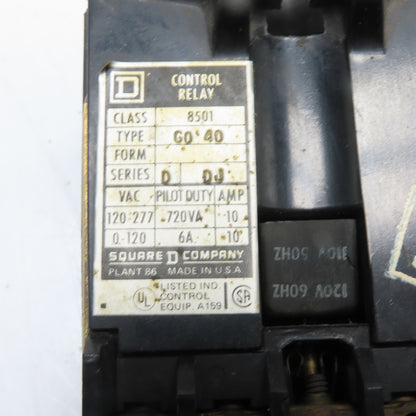Square D 8501 GO 40 Class 8501 Type GO 40 Control Relay 110/120V 50/60Hz 10A