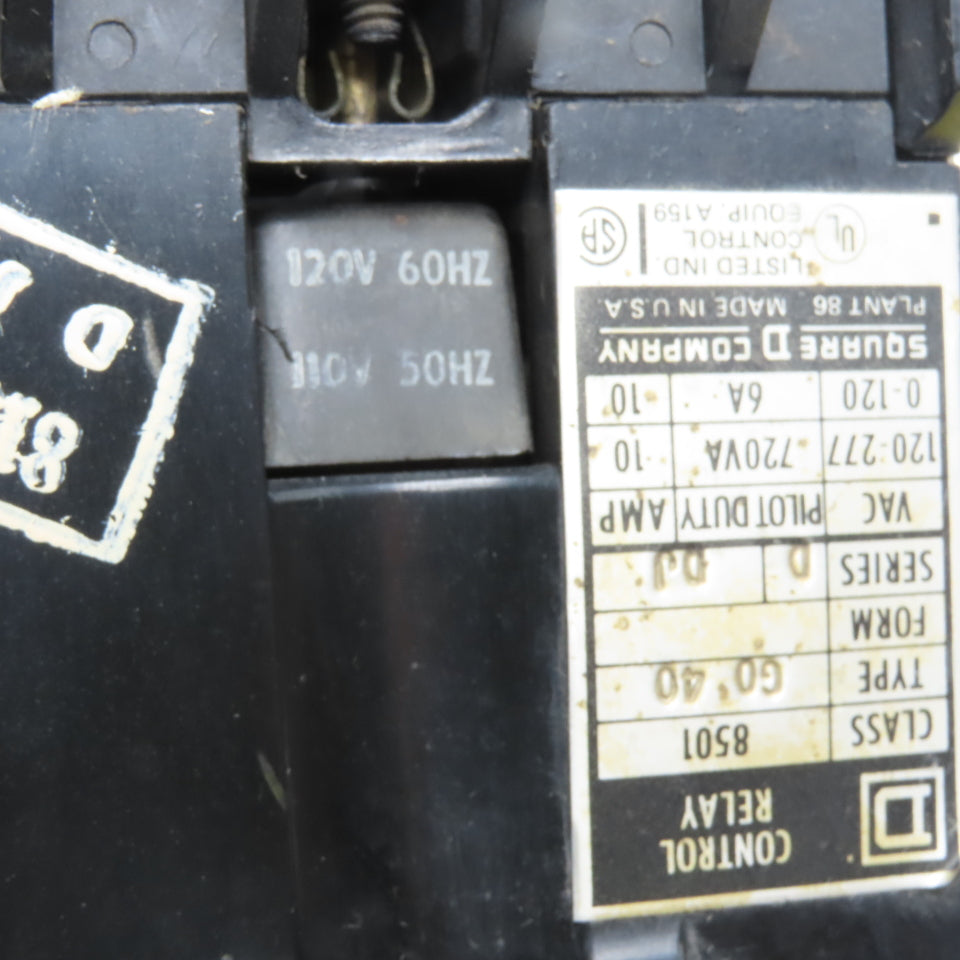 Square D 8501 GO 40 Class 8501 Type GO 40 Control Relay 110/120V 50/60Hz 10A