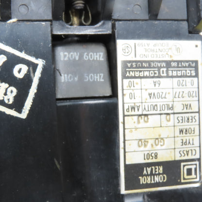 Square D 8501 GO 40 Class 8501 Type GO 40 Control Relay 110/120V 50/60Hz 10A