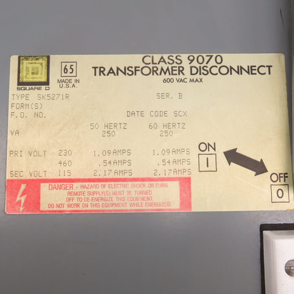 Square D SK5271R 2.17A 115V Transformer Disconnect 230/460V 250VA
