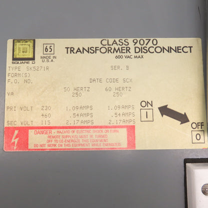 Square D SK5271R 2.17A 115V Transformer Disconnect 230/460V 250VA