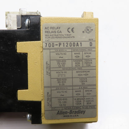 Allen Bradley 700-P1200A1 AC Relay 600V 20A 112/120V Coil