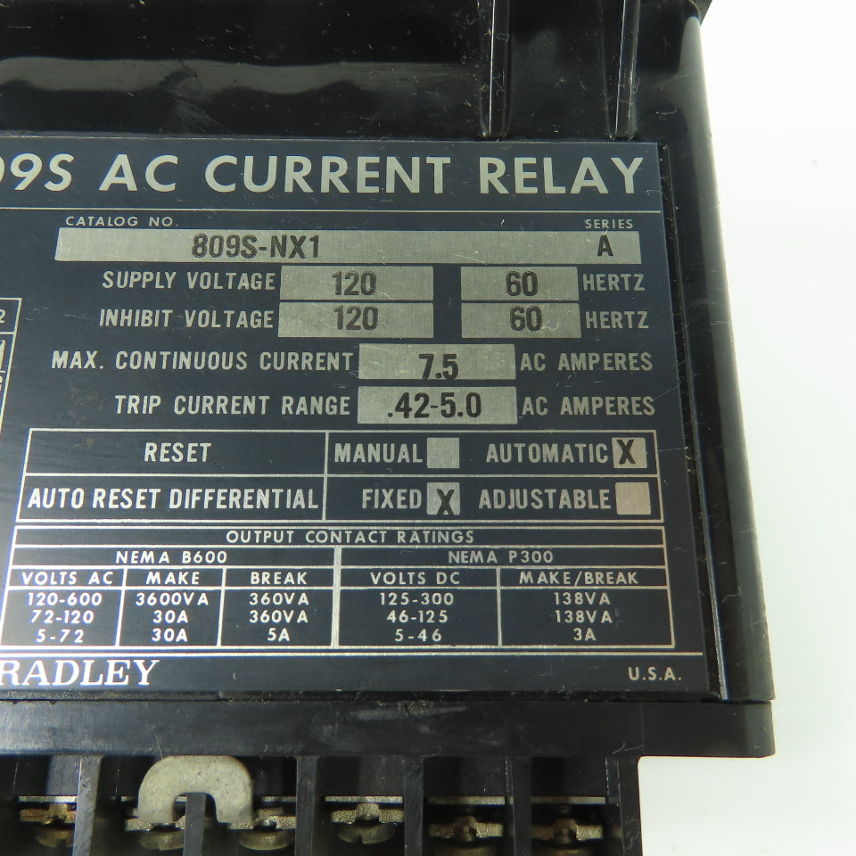 Allen-Bradley 809S-NX1 Bulletin 809S AC Current Relay 120V 0.42-5.0A Ser A