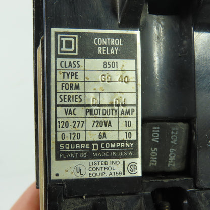 Square D 8501 G0 40 Class 8501 Type GO 40 Control Relay 120V 60Hz 110V 50Hz