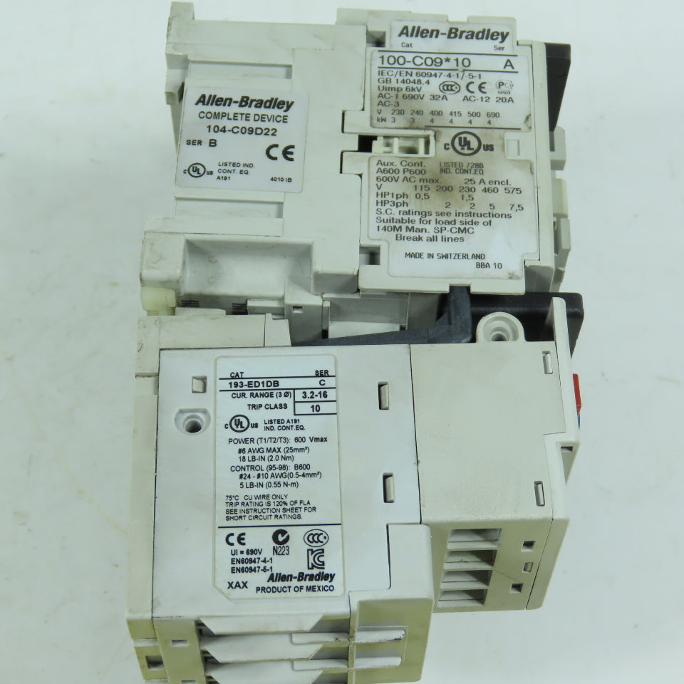 Allen-Bradley 104-C09D22 Reversing Starter 120V Coil 3.2-16A 193-ED1DB Overload