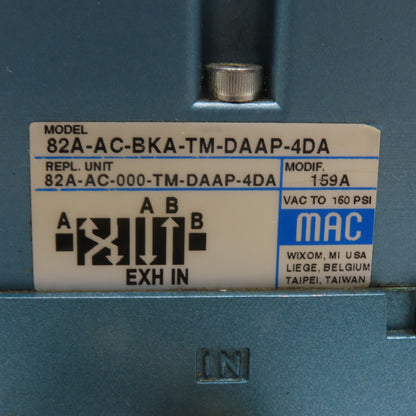 MAC 82A-AC-BKA-TM-DAAP-4DA Solenoid Pneumatic Valve 120V 5.4W 25-150 PSI