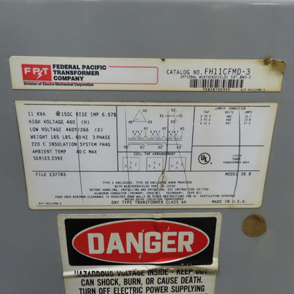 Federal Pacific FH11CFMD-3 11 KVA Dry Type Transformer 460VPri 460Y/266V Sec 3Ph