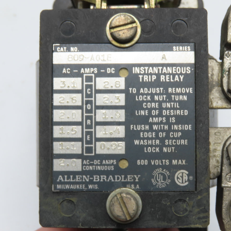 Allen-Bradley 809-A01E Instantaneous Trip Relay 600V Max 1.1-3.1A Series A