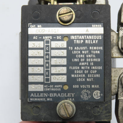 Allen-Bradley 809-A01E Instantaneous Trip Relay 600V Max 1.1-3.1A Series A