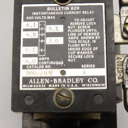 Allen-Bradley 809-A03E Instantaneous Current Relay 600V Max 2.1-6.1A Series A