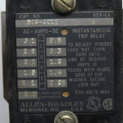 Allen-Bradley 809-A01E Instantaneous Trip Relay 600V Max 1.1-3.1A Series A