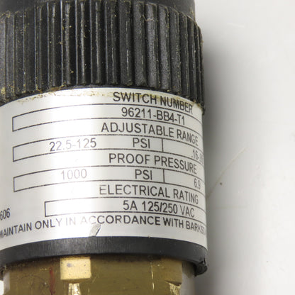 Barksdale 96211-BB4-T1 Adjustable Pressure Switch 22.5-125 PSI 5A 125/250 VAC