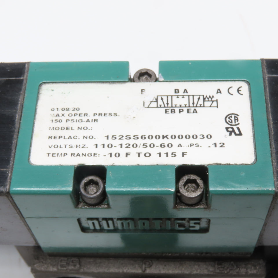 Numatics 152SS600K000030 5/3 Position Closed Center Solenoid Valve 120V