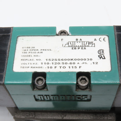 Numatics 152SS600K000030 5/3 Position Closed Center Solenoid Valve 120V