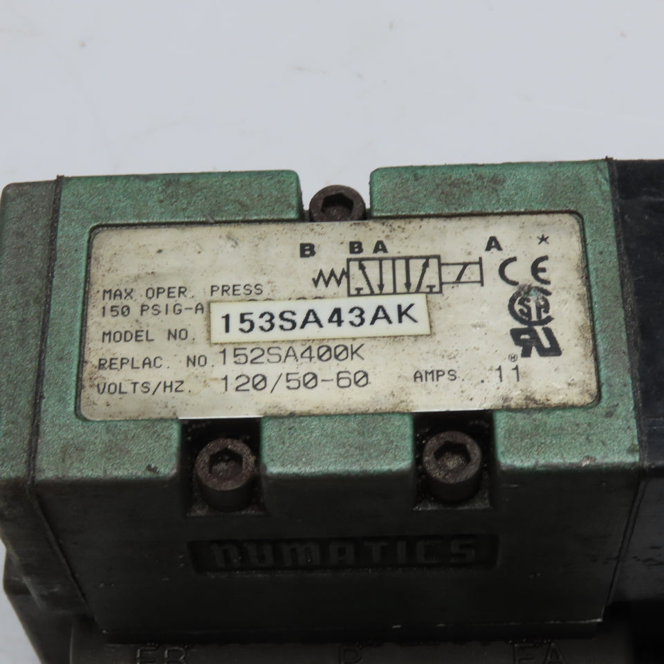 Numatics 153SA43AK Solenoid Pilot Operated Valve 150 PSIG 120V