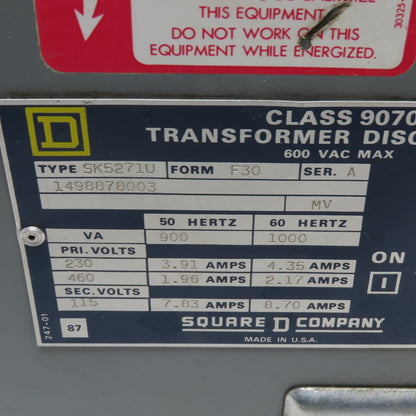 Square D SK5271U 1kVA Transformer Disconnect 240/480V Primary 120V Secondary