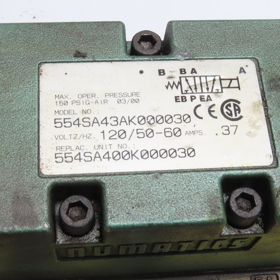 Numatics 554SA43AK000030 Solenoid Valve 150 PSI 120VAC 0.37A with Manifold Base