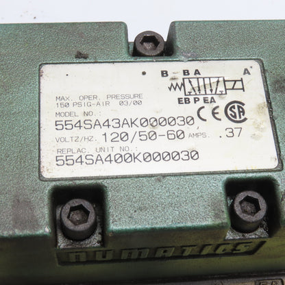 Numatics 554SA43AK000030 Solenoid Valve 150 PSI 120VAC 0.37A with Manifold Base