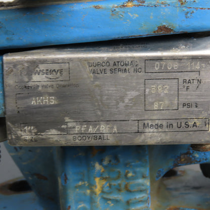 Durco B063S10 AKH3 1" PFA Lined Ball Valve 150 PSI with Automax Actuator