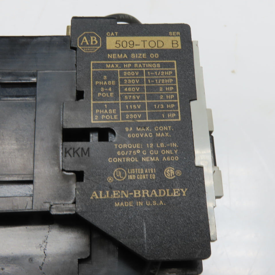 Allen Bradley 509-TOD Size 00 Motor Starter Overload 600VAC 2Hp Max W23 Heaters