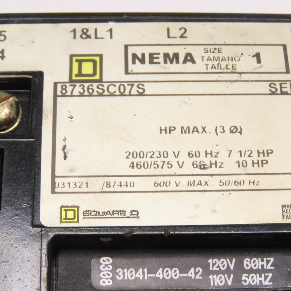 Square D 8736SC07S NEMA Size 1 Magnetic Contactor 120V Coil 3-Pole 3Ph