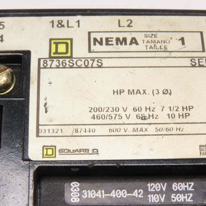 Square D 8736SC07S NEMA Size 1 Magnetic Contactor 120V Coil 3-Pole 3Ph