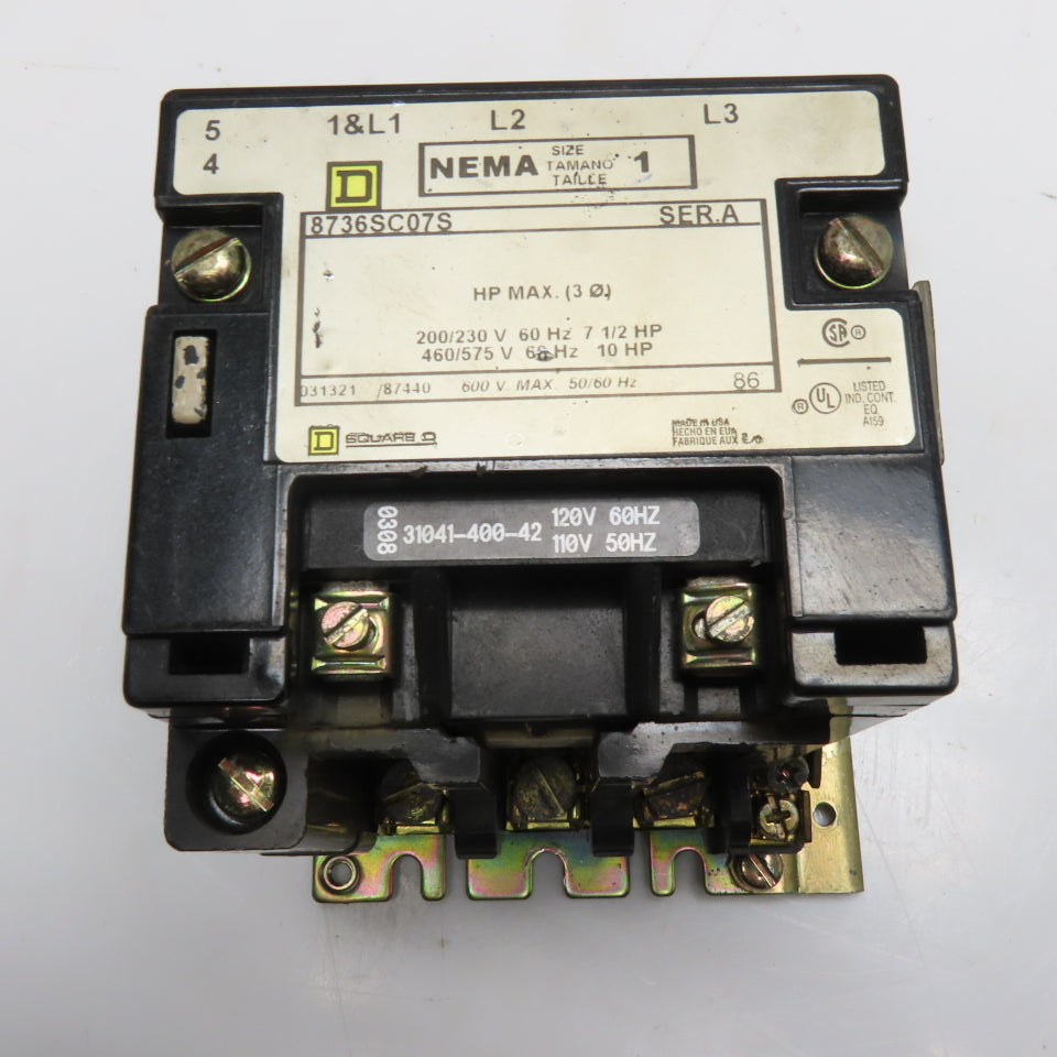 Square D 8736SC07S NEMA Size 1 Magnetic Contactor 120V Coil 3-Pole 3Ph