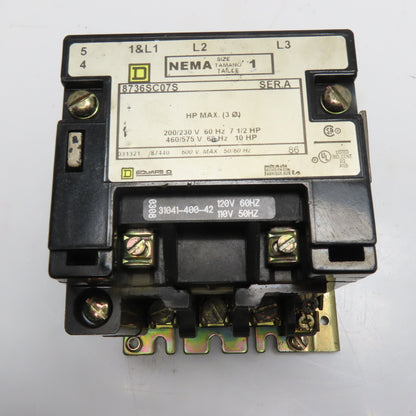 Square D 8736SC07S NEMA Size 1 Magnetic Contactor 120V Coil 3-Pole 3Ph