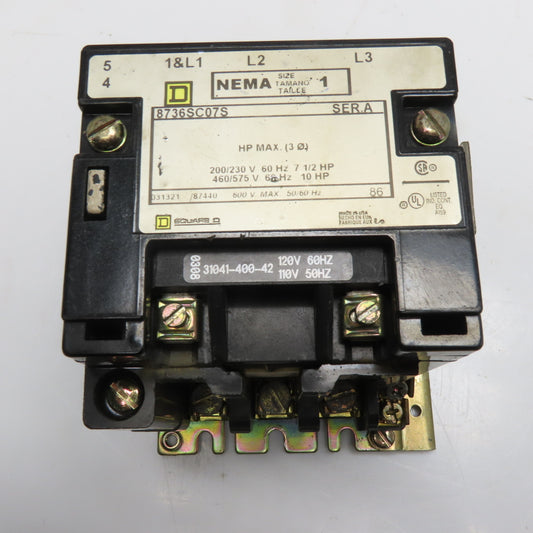 Square D 8736SC07S NEMA Size 1 Magnetic Contactor 120V Coil 3-Pole 3Ph