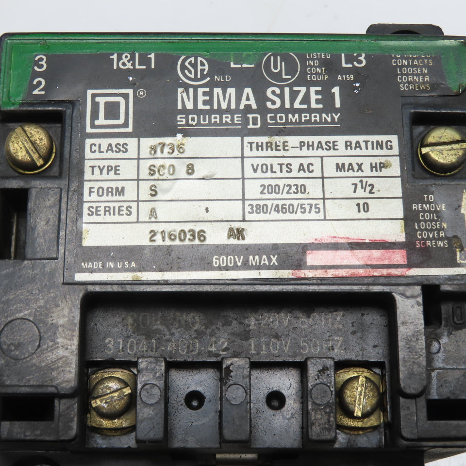 Square D 8736 SCO 8 NEMA Size 1 Magnetic Contactor 120V Coil 3-Pole 3Ph