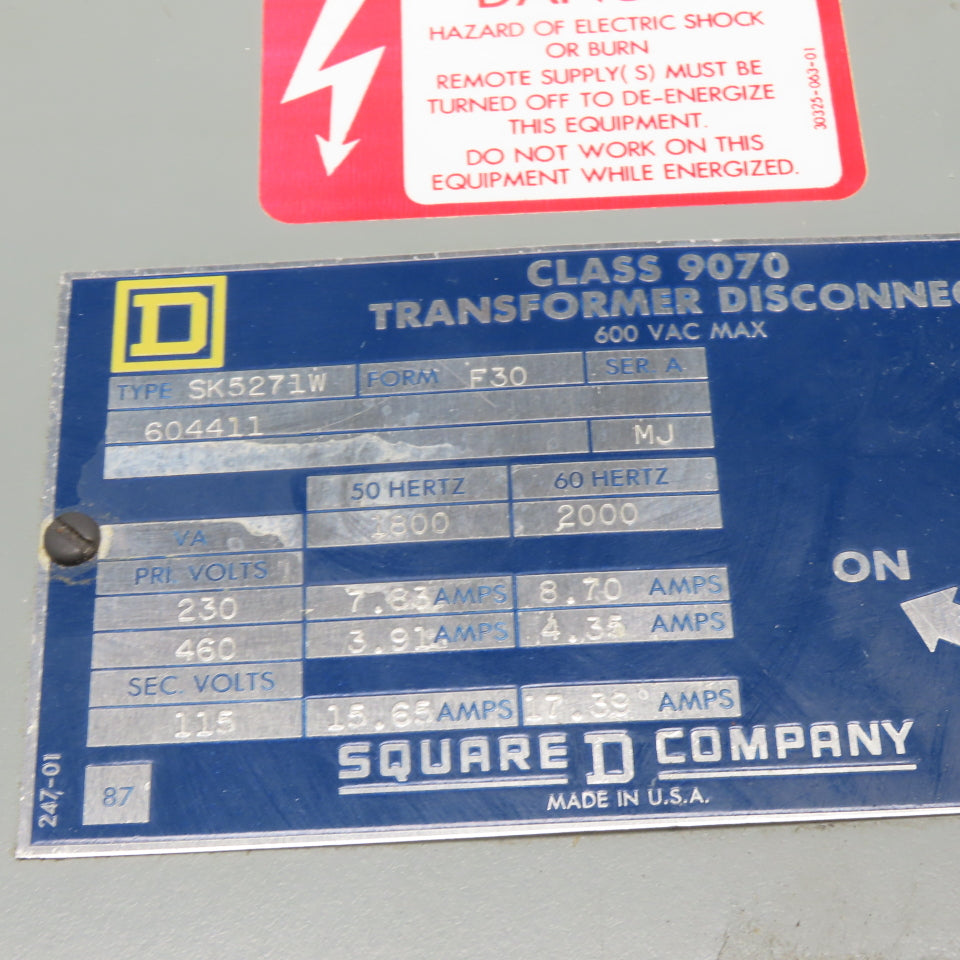 Square D SK5271W Transformer Disconnect 2kVA 230/460V to 115V 2000VA @60Hz