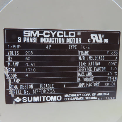 Sumitomo CNHMO1-E095DR-215 1/8HP Gear Motor 215:1 Ratio 208V 3Ph 7.9RPM Output