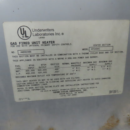 Thermo-Cycler GTC400C 400,000 BTU/Hr Industrial Gas Fired Heating Unit 110V 1Ph