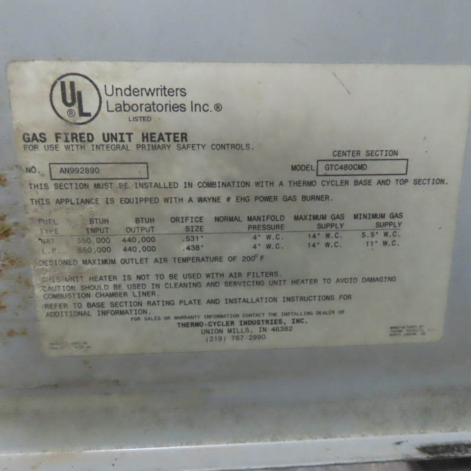 Thermo-Cycler GTC480CMD Industrial Natural Gas Unit Heater 550,000 BTU 208V 3Ph